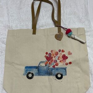 Vintage Truck Canvas Tote with Heart Design with Pom-Pom Tassel  NWT